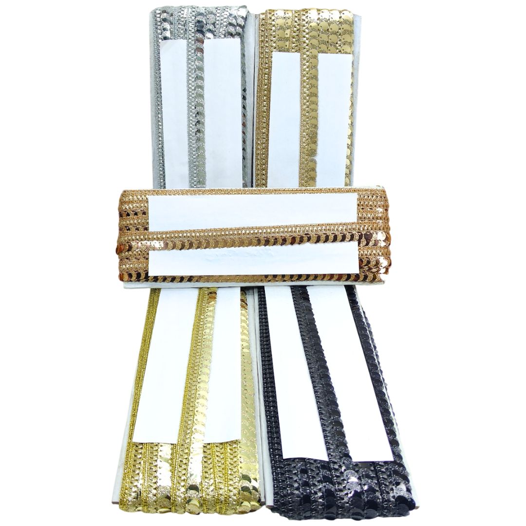 Set of four striped scarves in gold, silver, black, and white on a white background