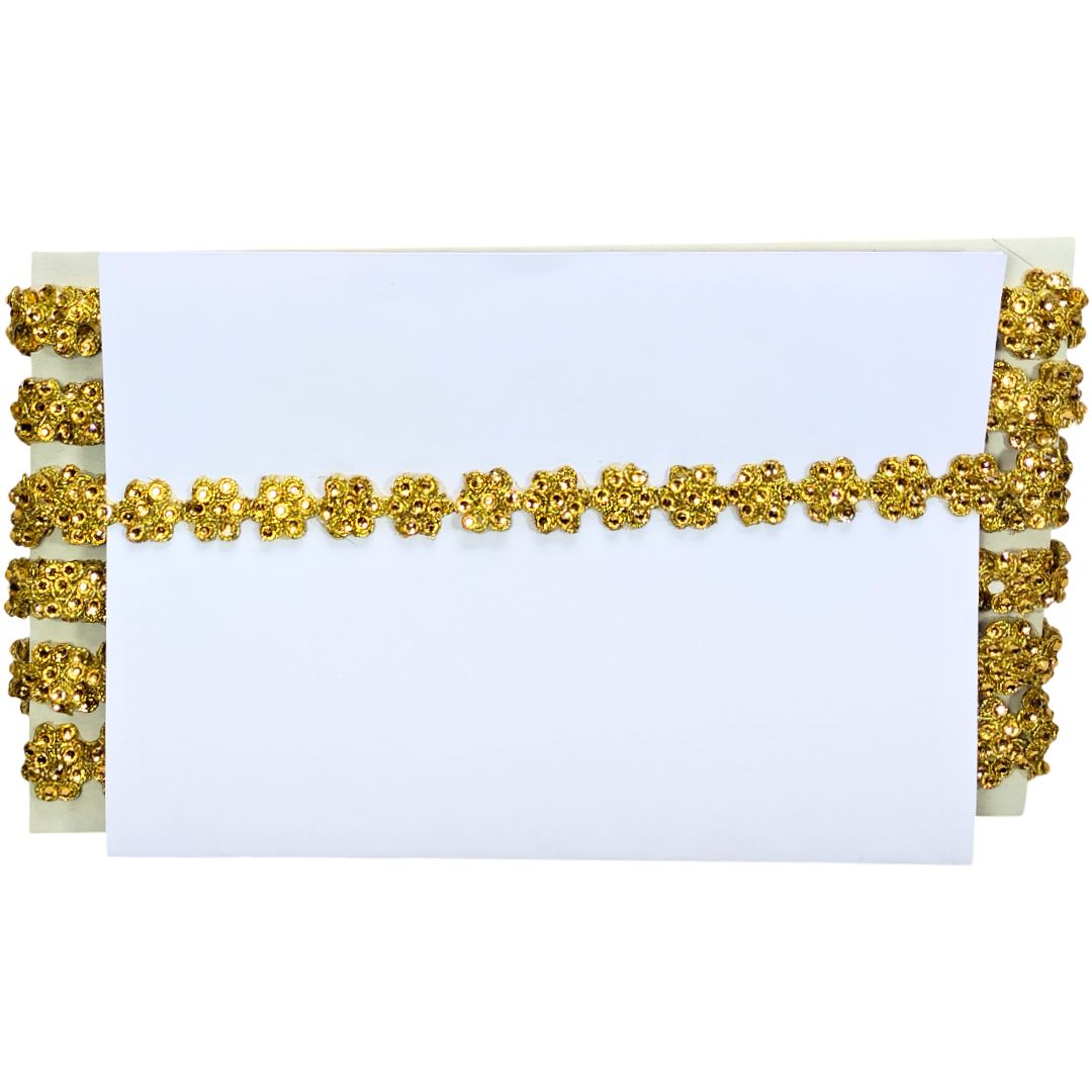 Decorative gold trim on a white card with gold border