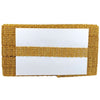 Gold woven card holder with a white card inside on a white background