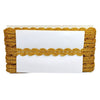 Gold lace trim on a white card with a white background
