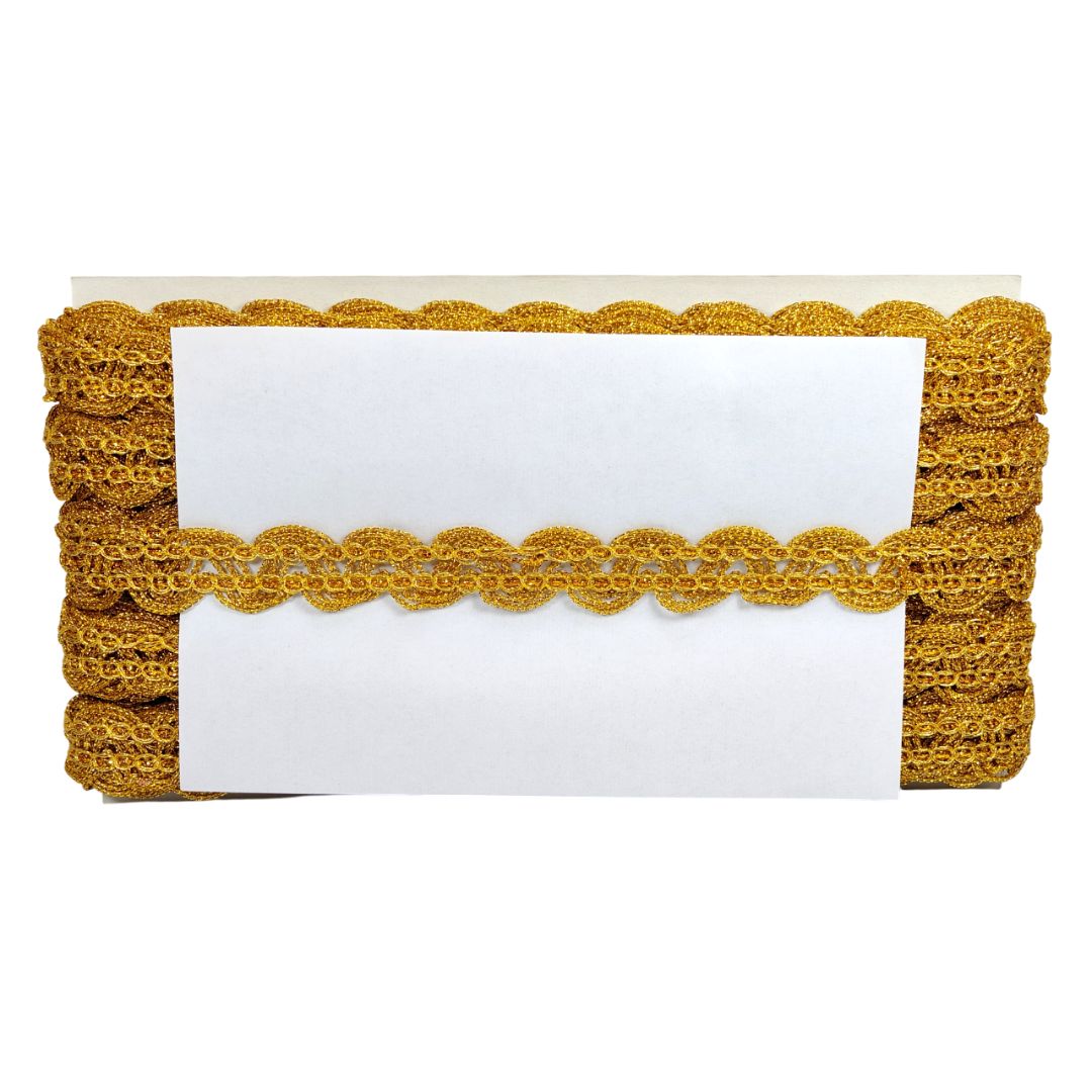 Gold lace trim on a white card with a white background