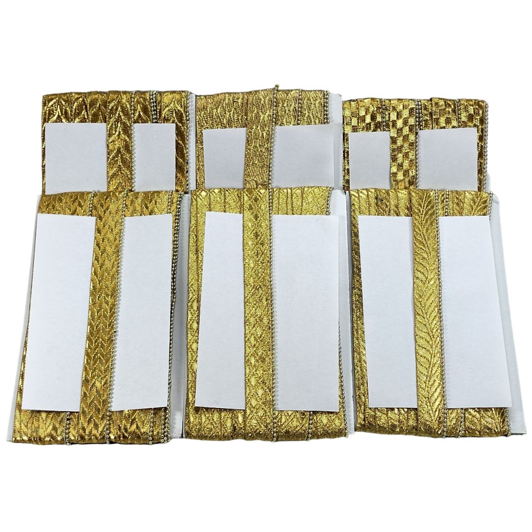Three gold fabric panels with white rectangular cutouts on a white background