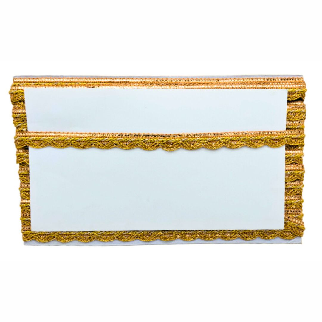 White card with gold decorative border on a white background
