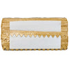Gold decorative ribbon with a white label on a white background