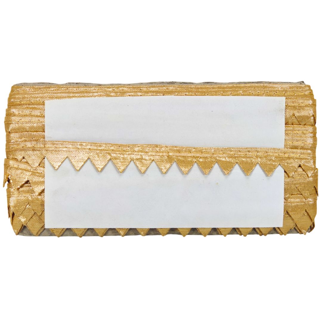 Gold decorative ribbon with a white label on a white background
