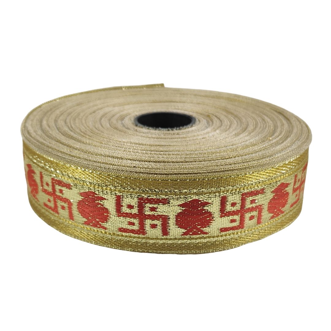 Roll of beige webbing with red patterns on a white background