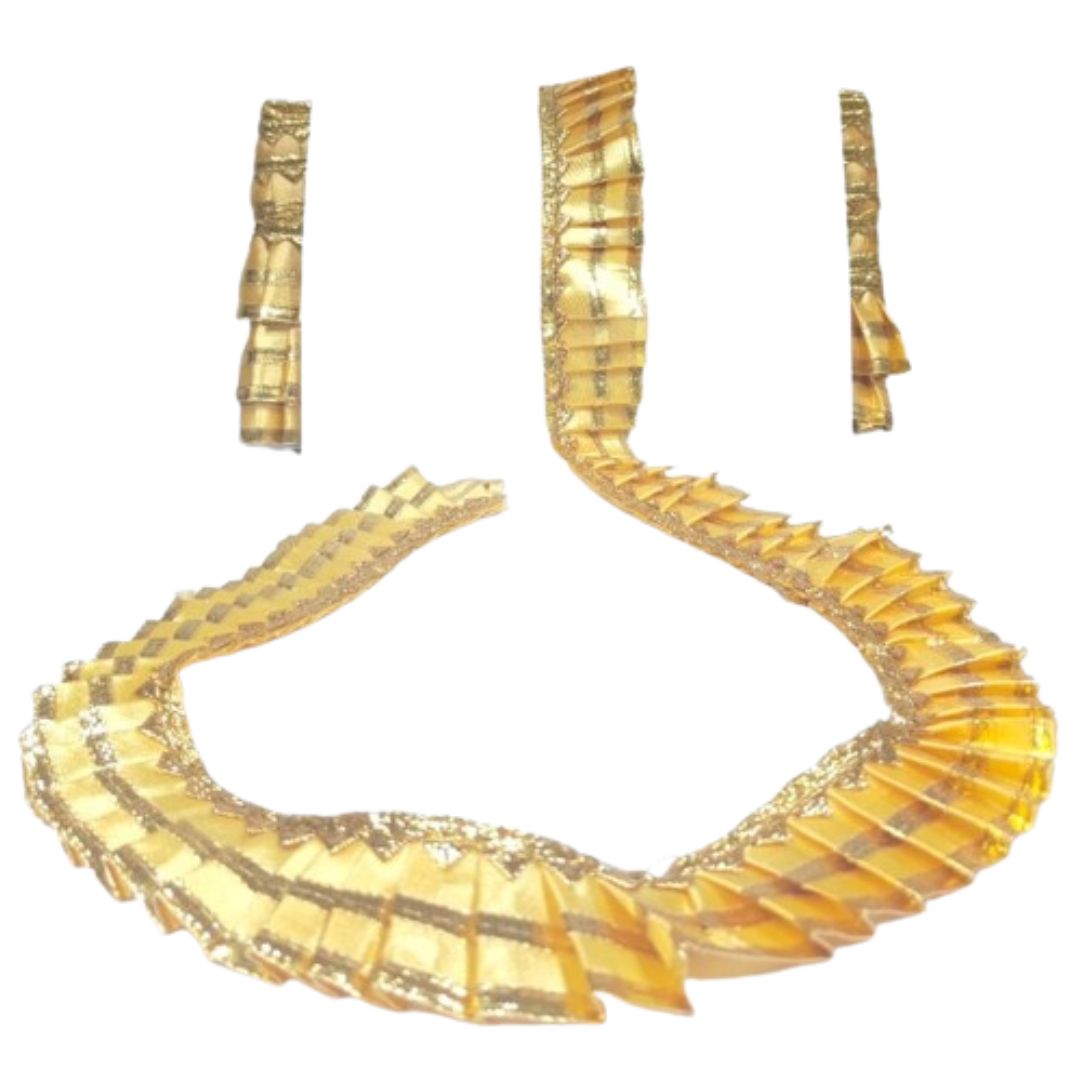 Gold necklace and earrings set on a white background