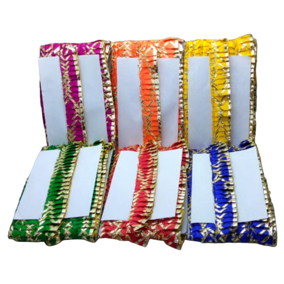 Set of colorful fabric pouches with white centers on a white background