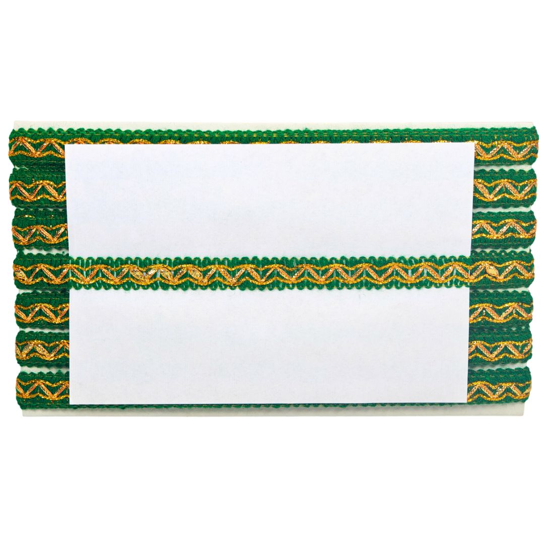 Green and gold border with a white center on a white background