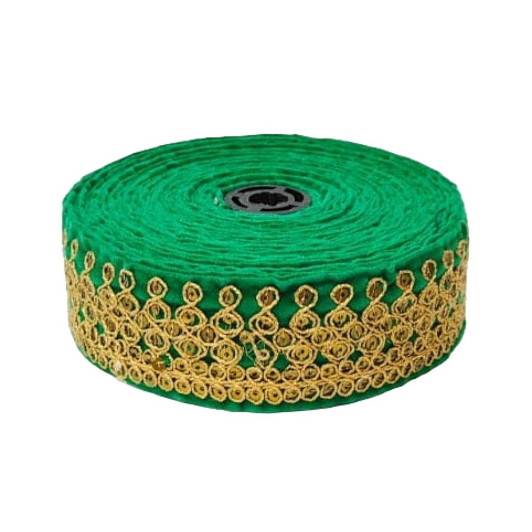 Green ribbon with gold lace border on a white background