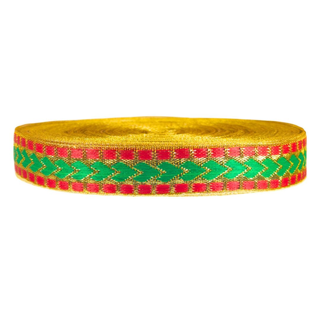 Decorative ribbon with green, red, and gold pattern on a white background