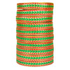 Stack of colorful bangles with green and red patterns on a white background