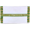 Decorative card holder with green and gold border on a white background