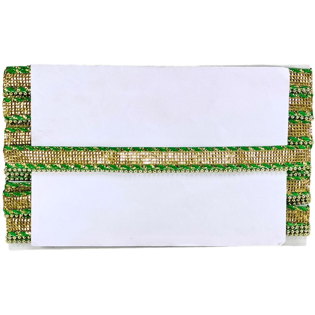 Decorative card holder with green and gold border on a white background