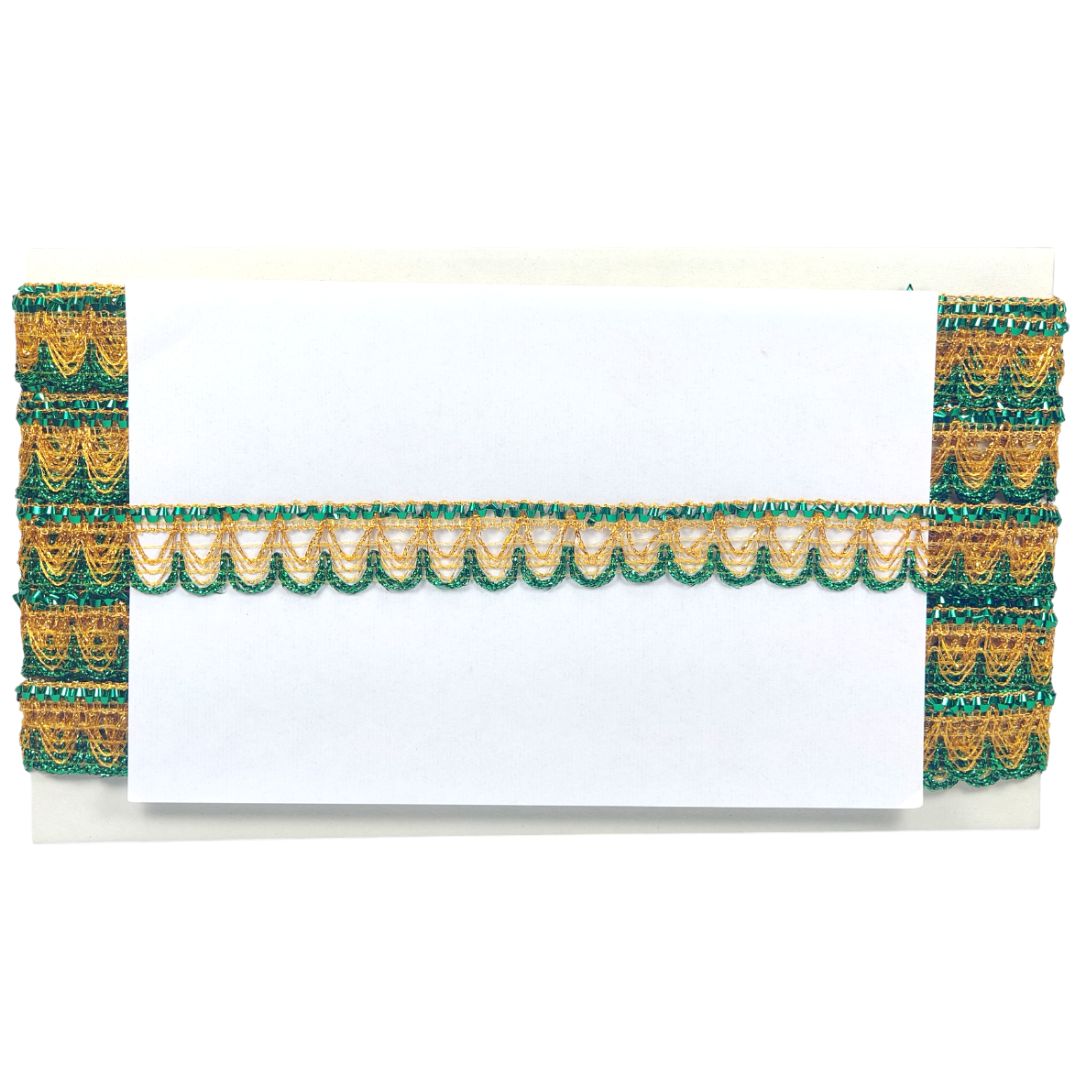 Decorative green and gold border on a white background