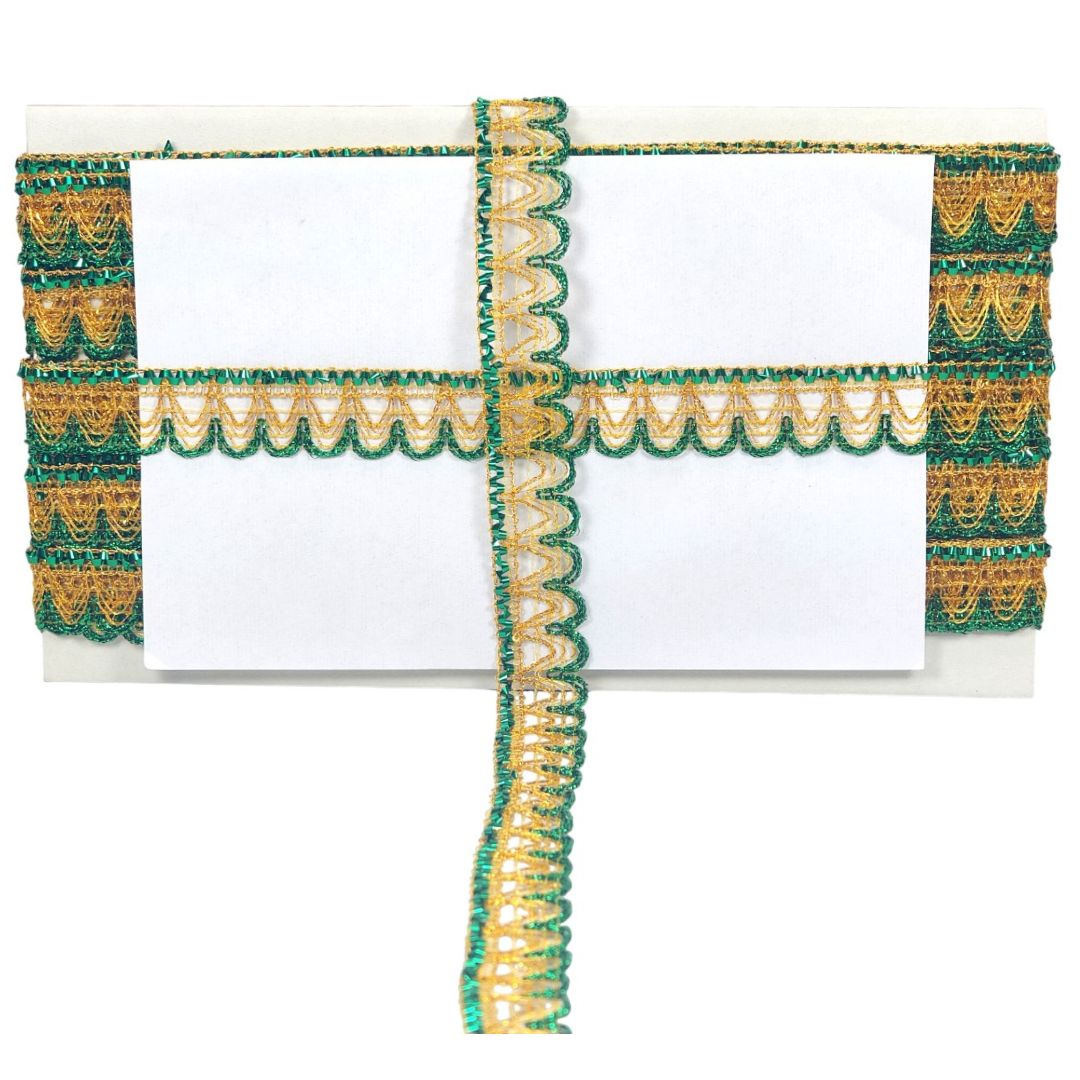 Decorative green and gold border with white paper in the center on a white background