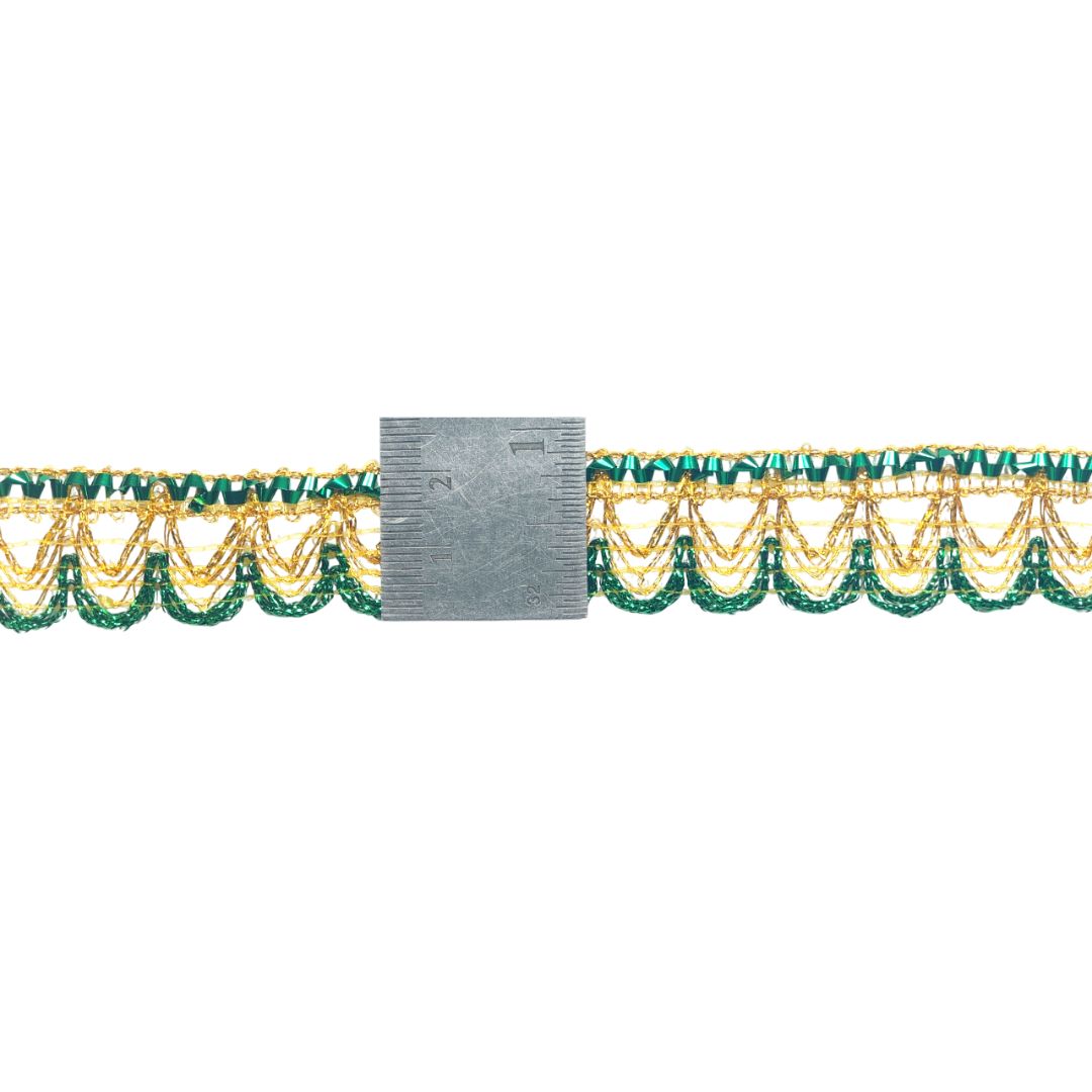 Decorative trim with green and gold pattern on a white background