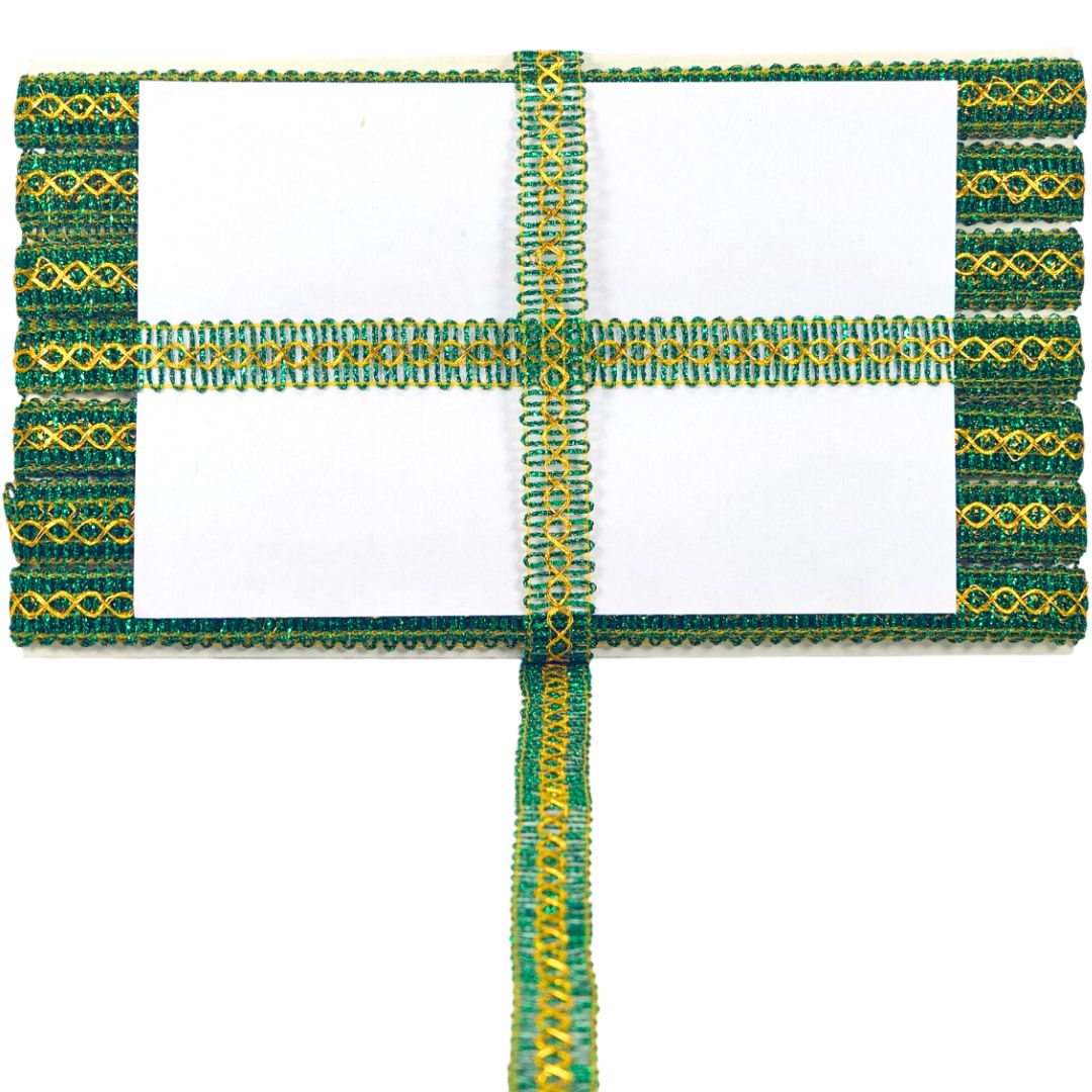 Decorative green and gold beaded frame on a white background