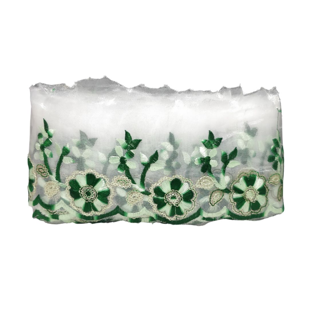 Green Embroidered Organza Lace Border For Gowns Decoration Only At Woven Lace & Border Reatilers and Manufactures In Surat