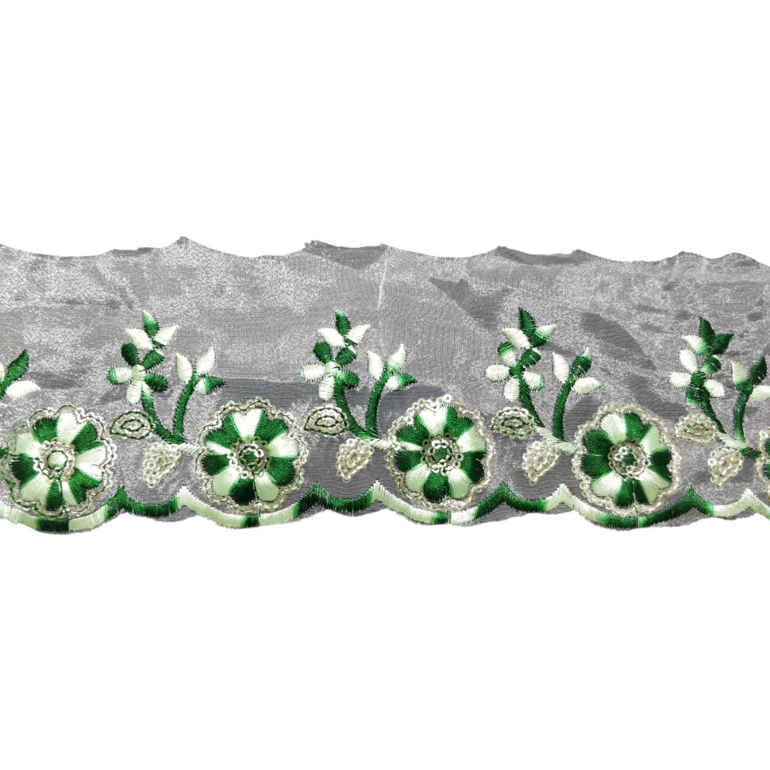 Green Embroidered Organza Lace Border For Gowns Decoration Only At Woven Lace & Border Reatilers and Manufactures In Surat