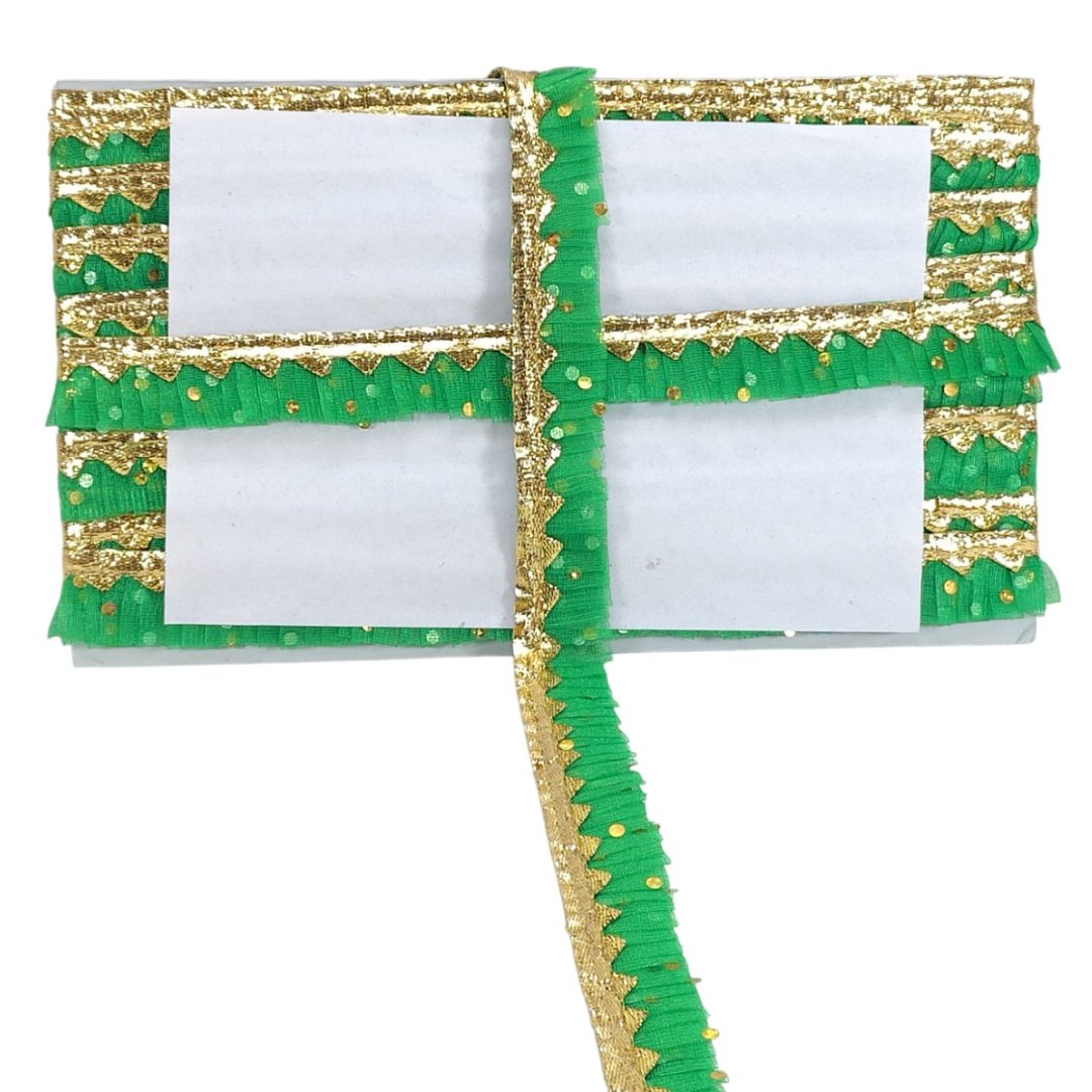 Decorative card with green and gold trim on a white background