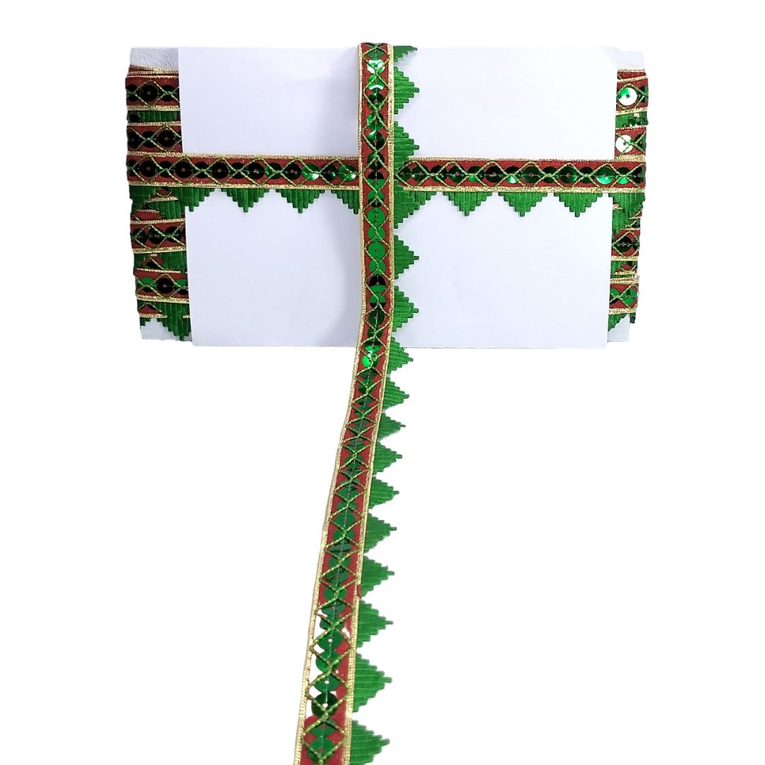 Kurlz 1.25 inch Fancy Metallic Dori & Sequins with Triangle Samosa Lace for Laddo Gopal Poshak, Handicrafts, Singhasan, Jhulas | Size: 9 Yards