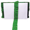 Green decorative ribbon with gold specks on a white background
