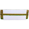 White box with gold and green decorative trim on a white background