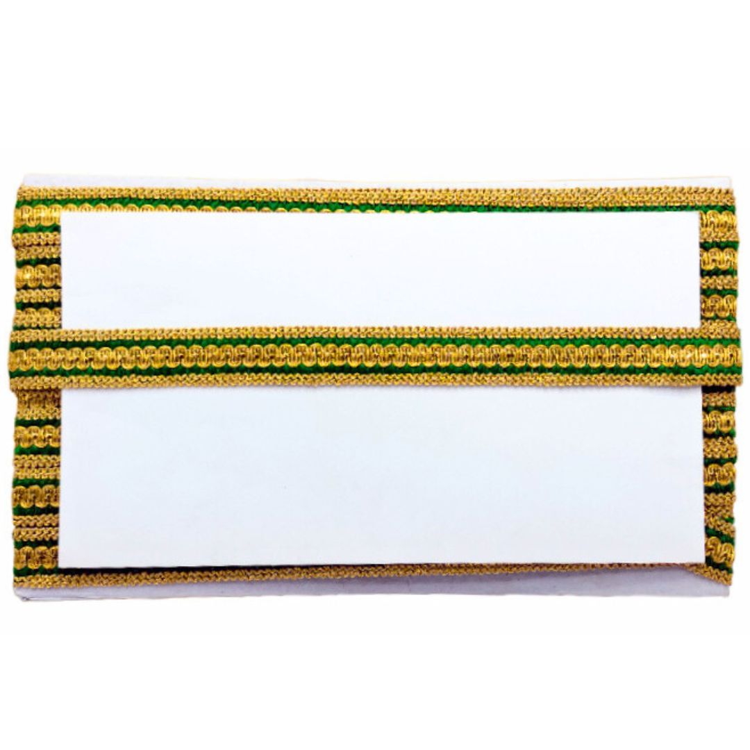 Rectangular white card with gold and green border on a white background