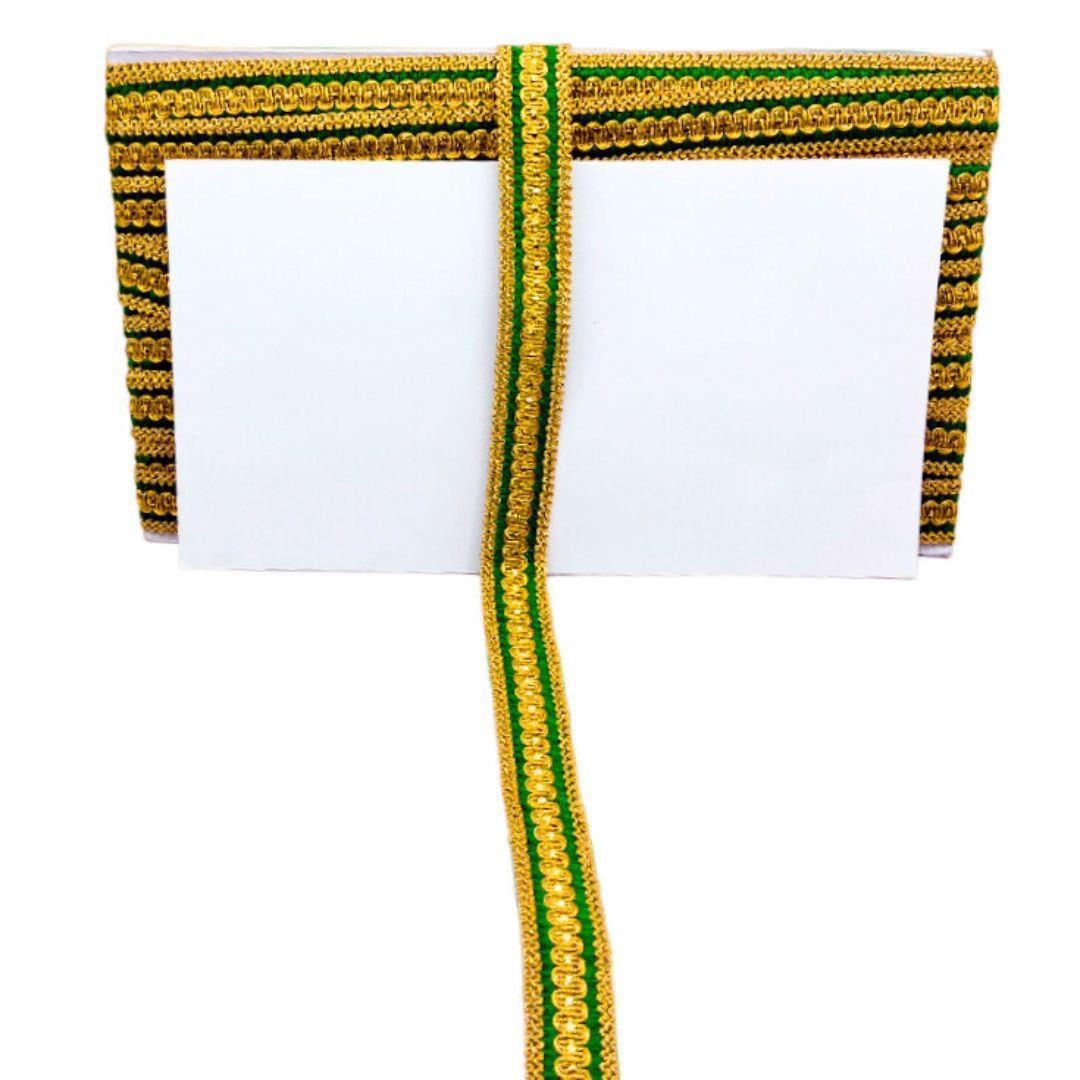 Gold and green striped ribbon on a white background