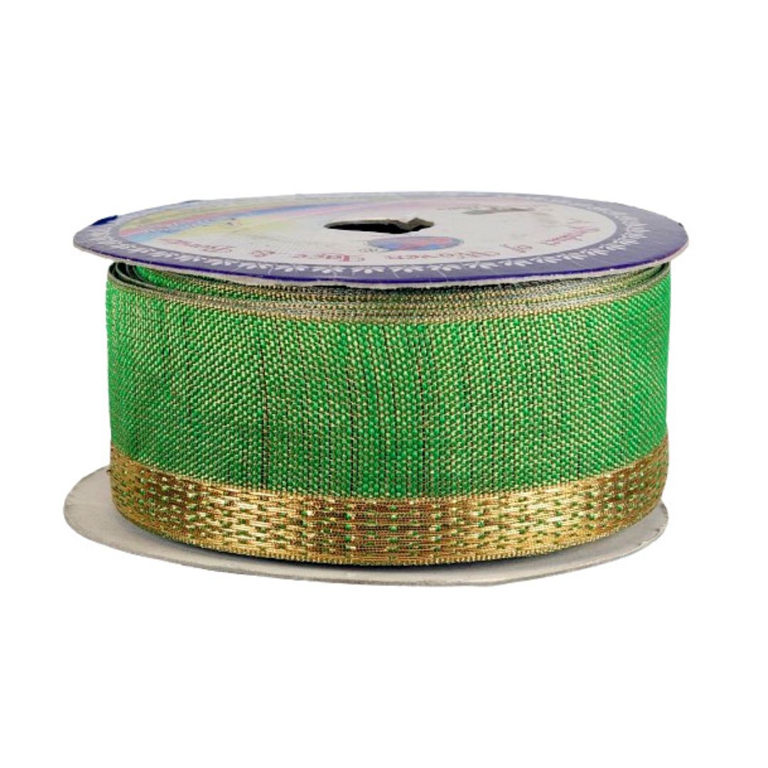 Spool of green ribbon with gold edge on a white background