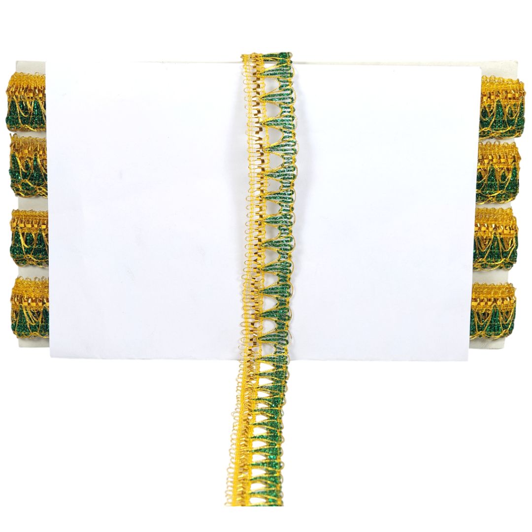 Decorative green and gold trim on a white background