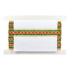 Decorative card holder with colorful ribbon on a white background