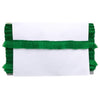 White clutch with green ruffled trim on a white background
