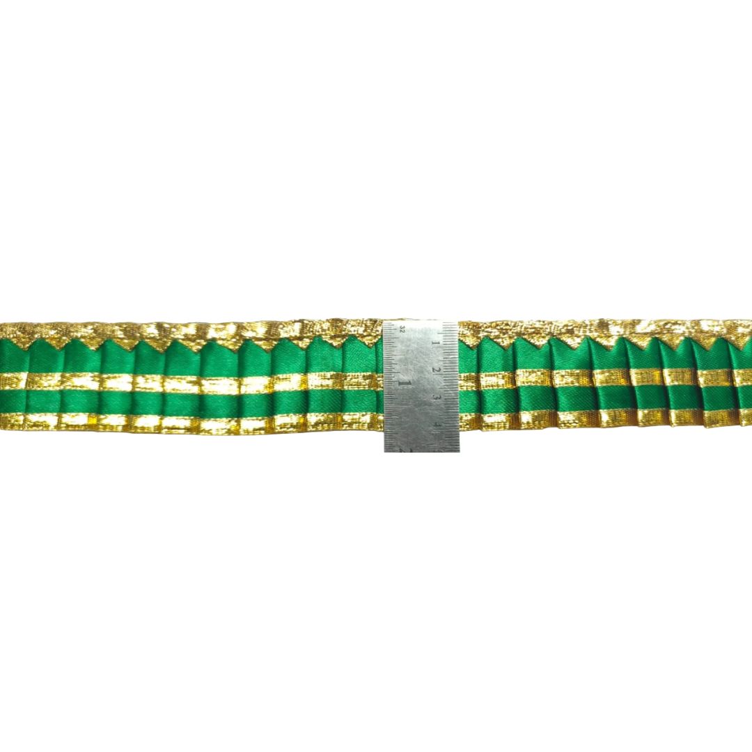 Green ribbon with gold stripes on a white background