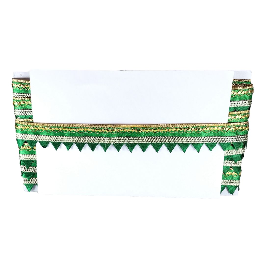 Green and gold patterned headband on a white background
