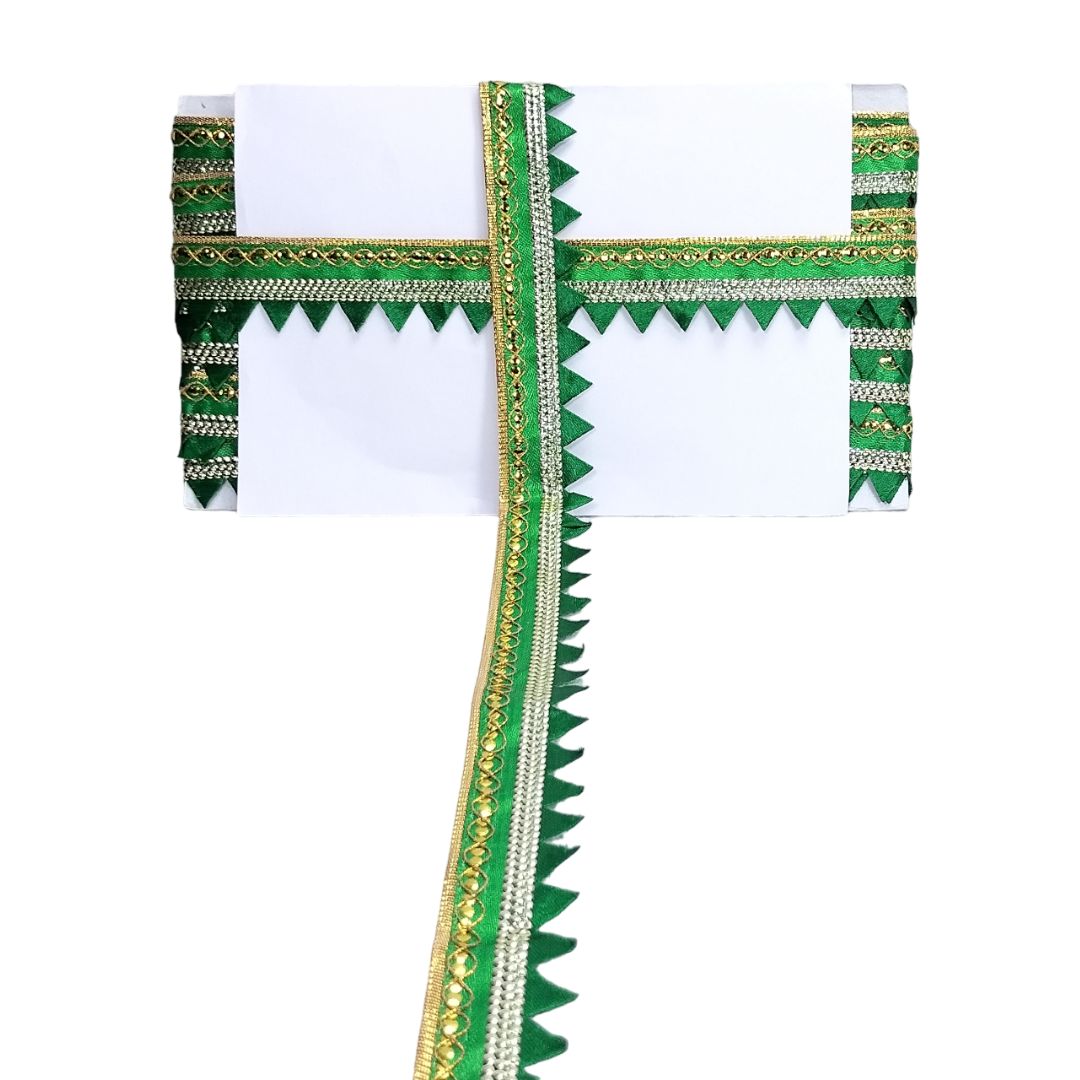 Decorative green and gold border with white center on a white background