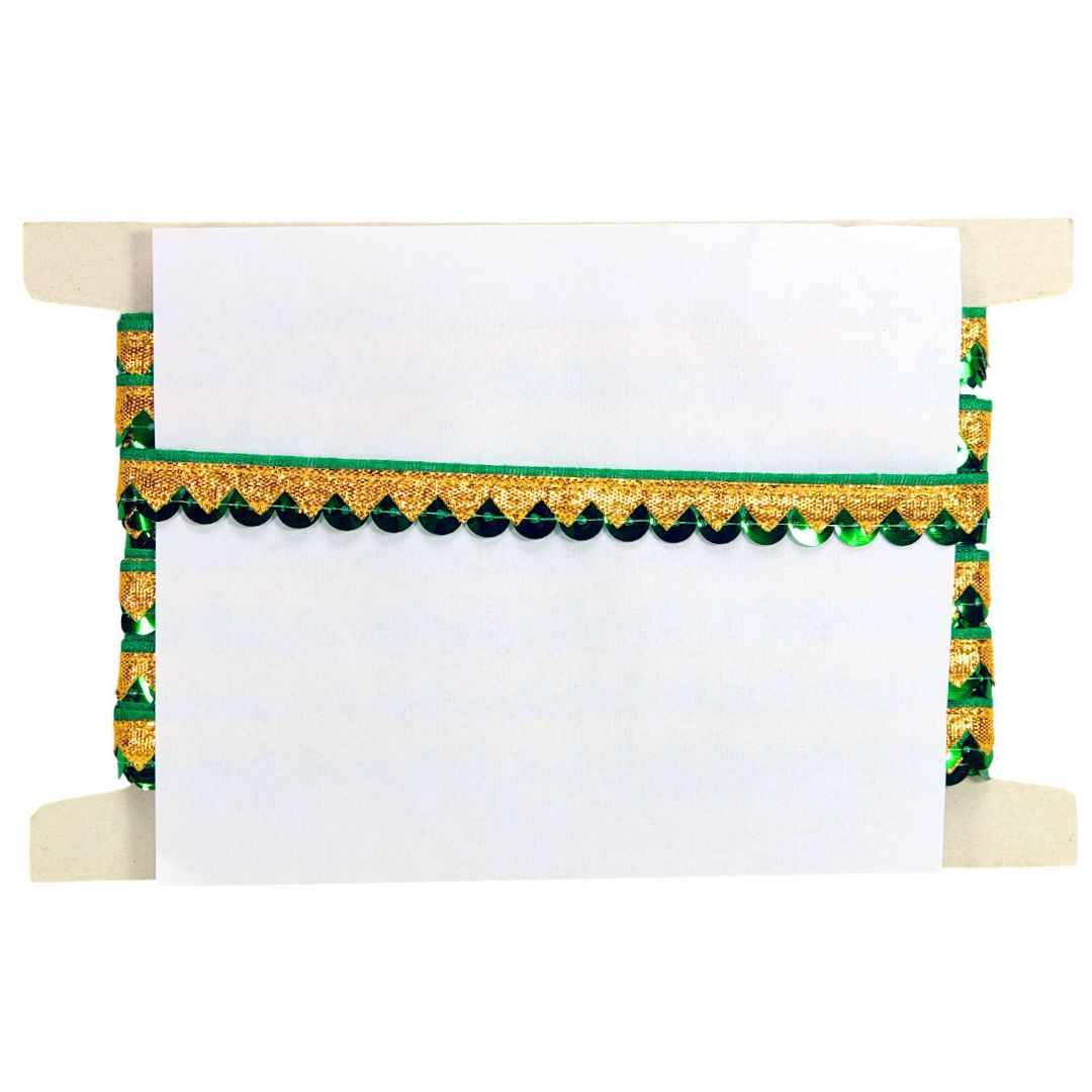 Decorative banner with green and gold trim on a white background