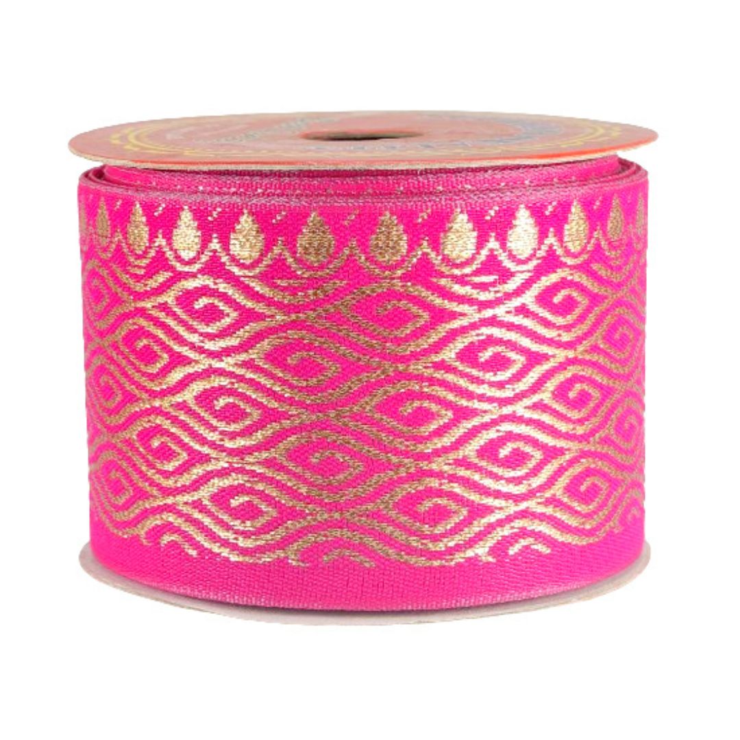 Pink ribbon with gold geometric pattern on a white background