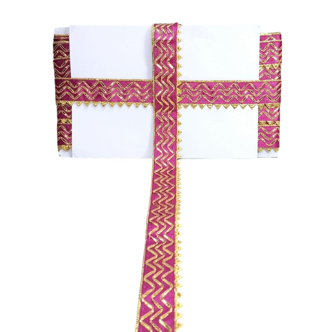 Kurlz 1 inch Satin Silk with Golden Piping, Gota Patti & Golden Samosa Lace For Laddo Gopal Poshak, Handicrafts, Puja Aasan, Singhasan | Size: 9 Yards