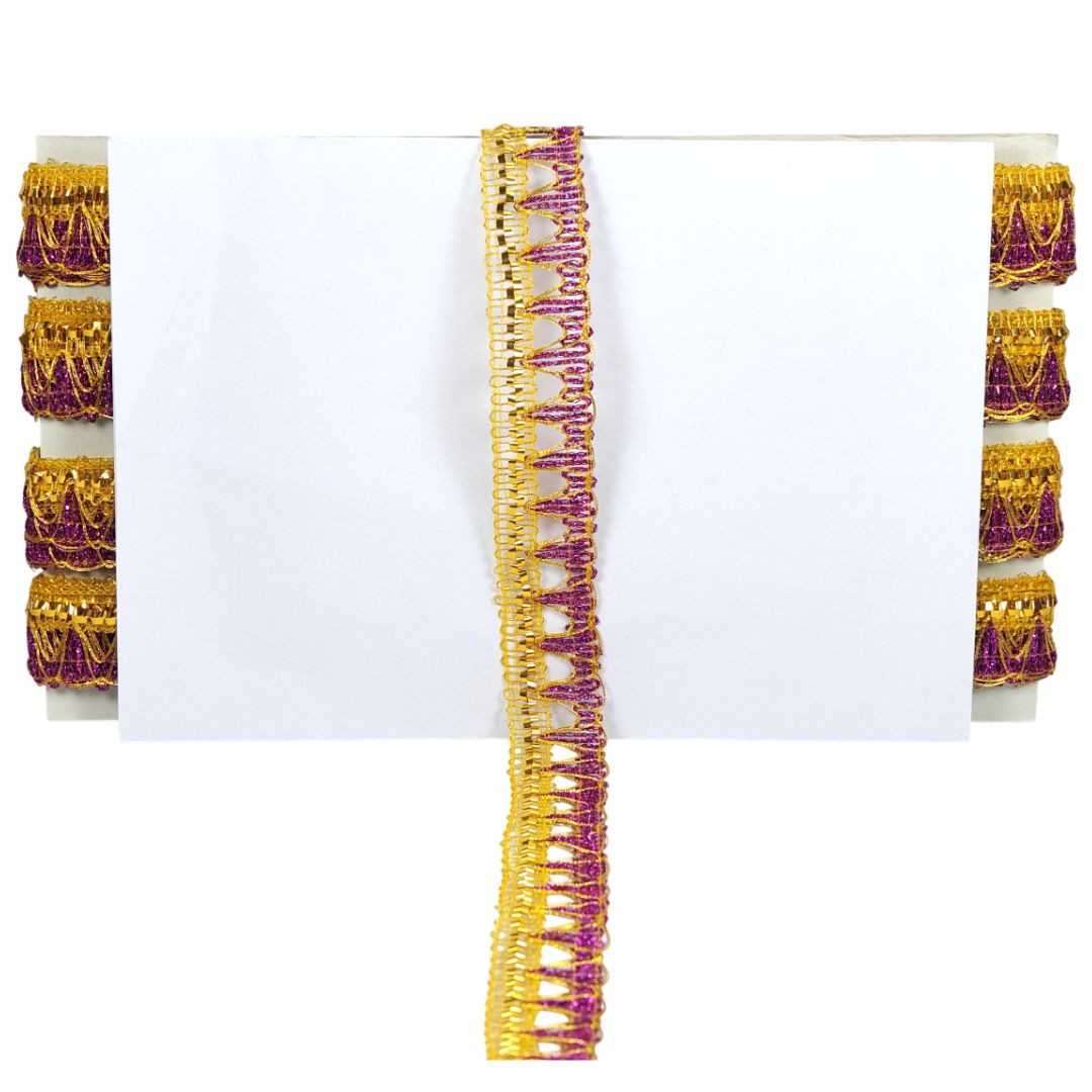 Decorative trim with gold and purple pattern on a white background