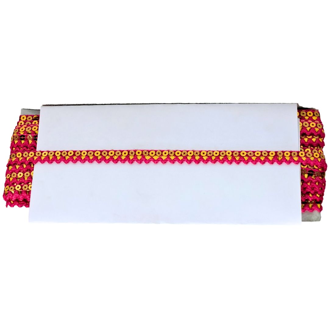 White dhoti with pink and yellow border on a white background