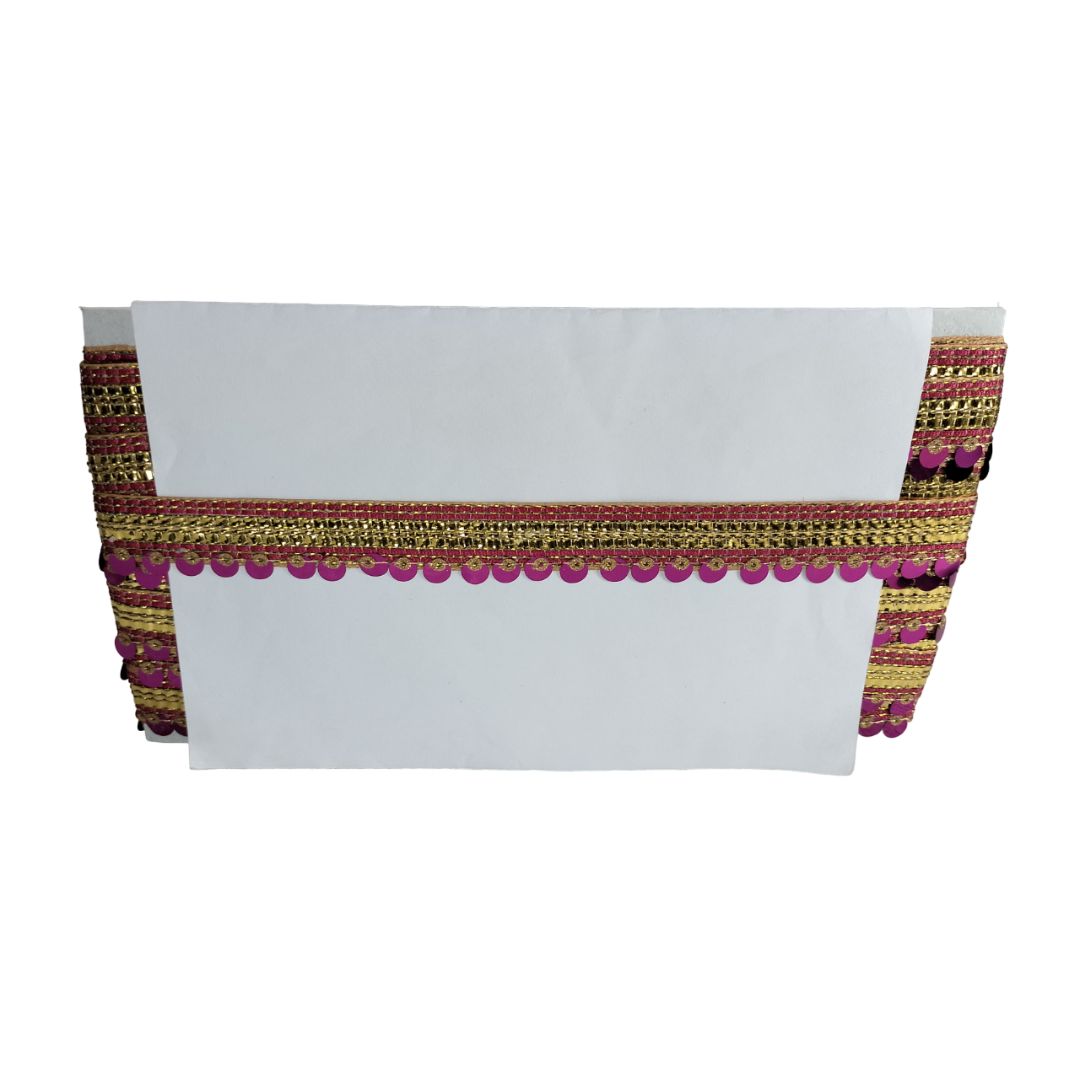Decorative white pouch with gold and pink trim on a white background