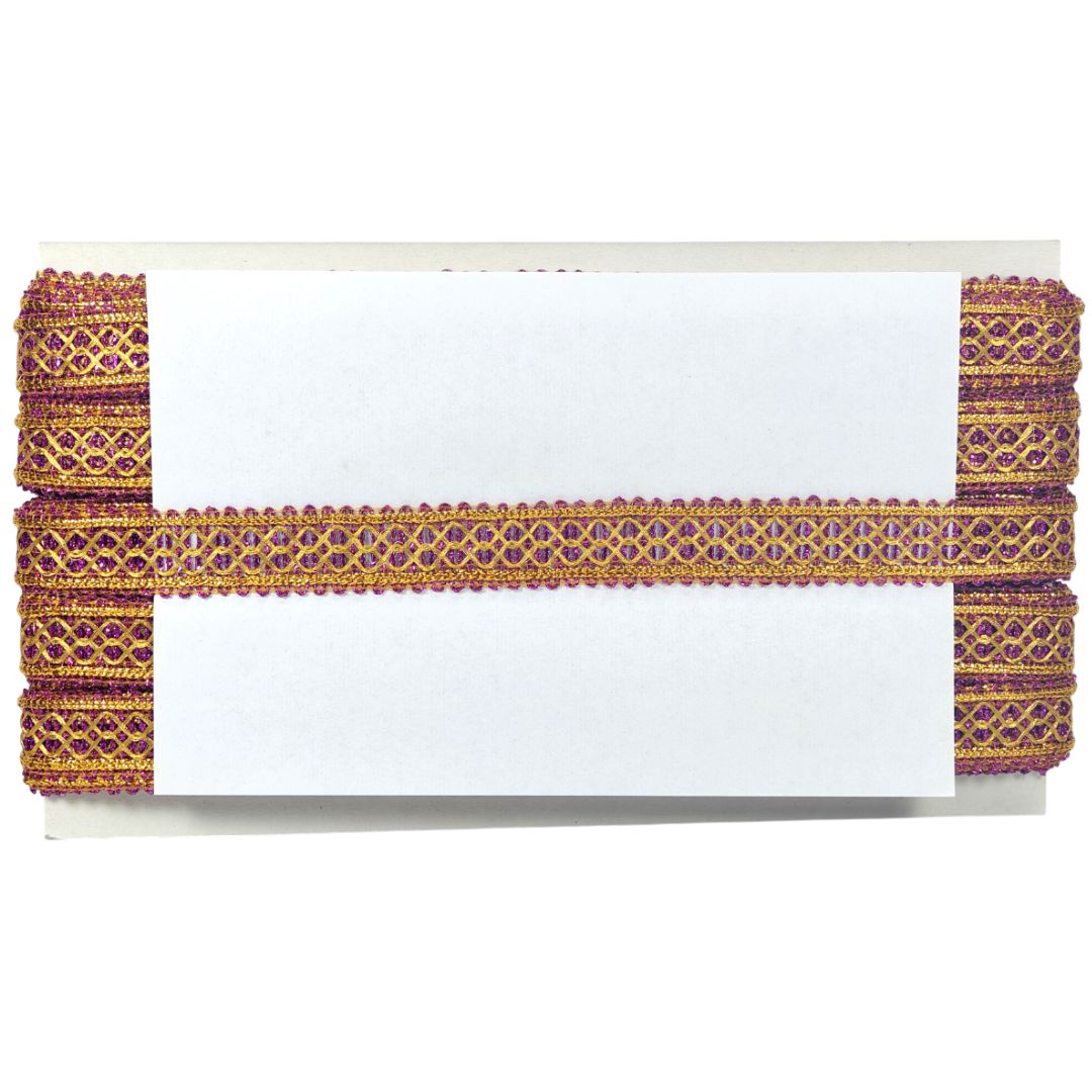 Decorative purple and gold border on a white background