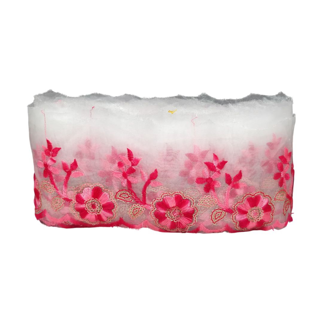 Hot Pink Embroidered Organza Lace Border For Gowns Decoration Only At Woven Lace & Border Reatilers and Manufactures In Surat