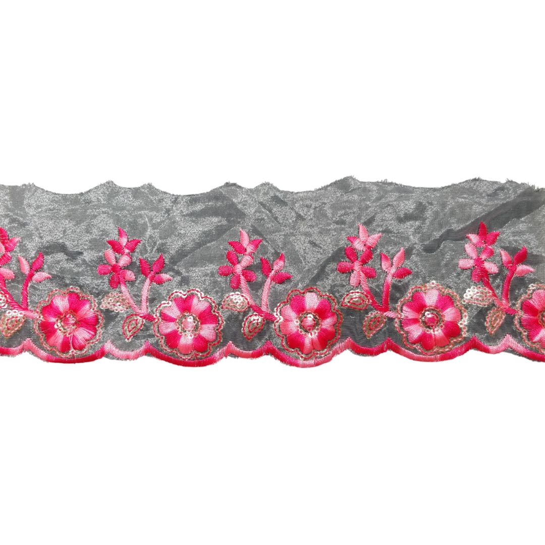 Hot Pink Embroidered Organza Lace Border For Gowns Decoration Only At Woven Lace & Border Reatilers and Manufactures In Surat