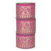 Three rolls of pink ribbon with gold floral patterns on a white background