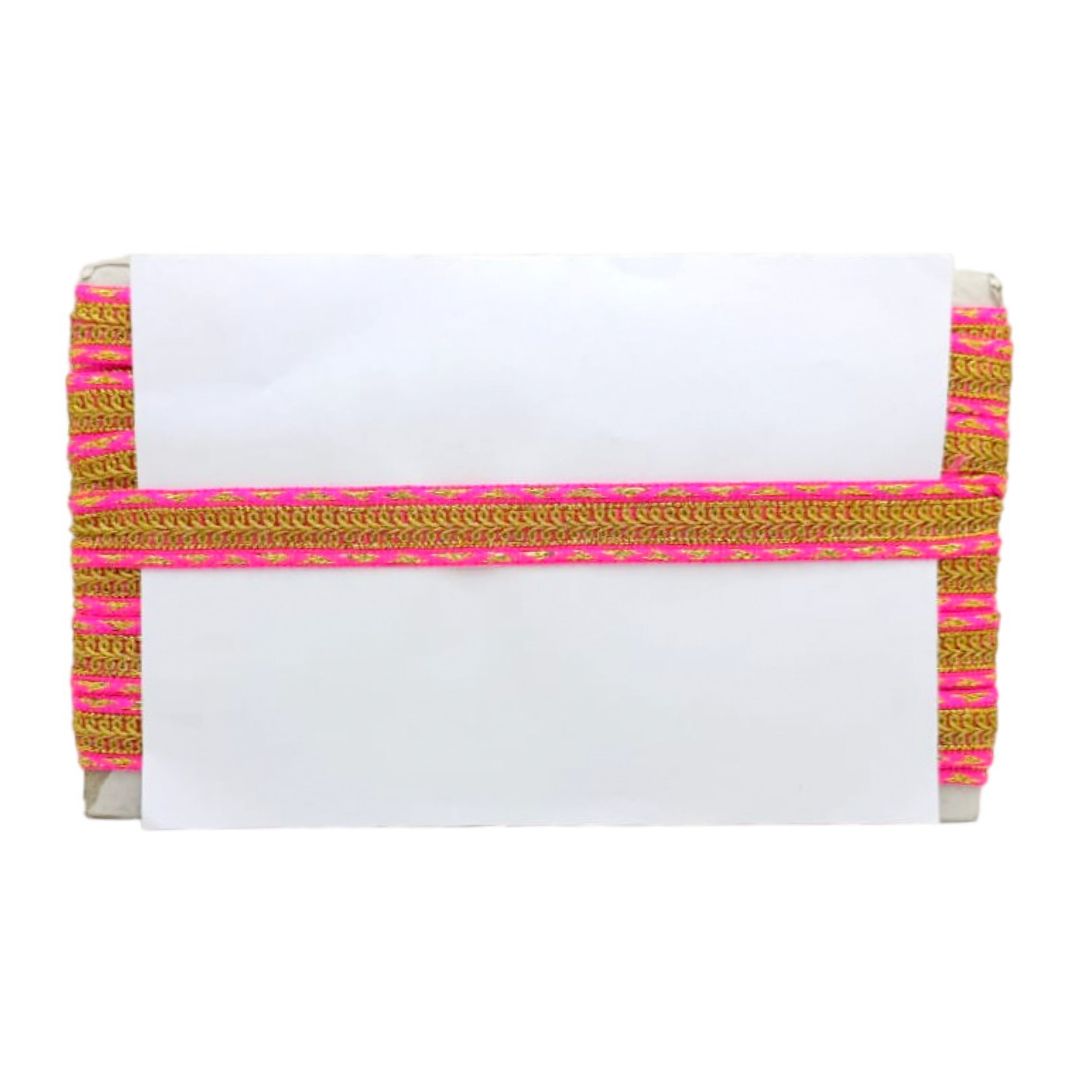 White clutch with pink and gold striped handle on a white background