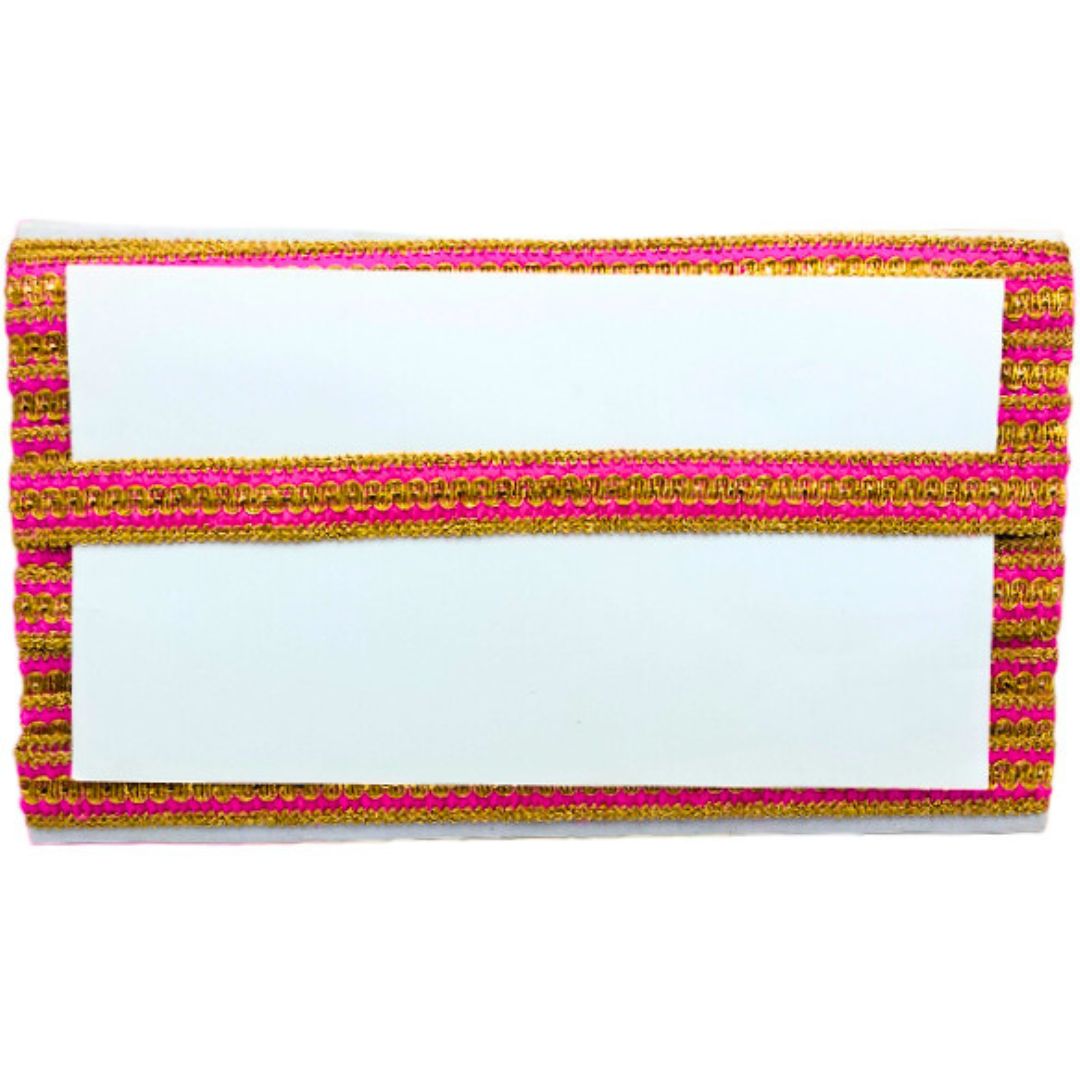 Two white name tags with pink and gold striped borders on a white background