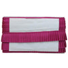 White clutch with pink pleated detailing on a white background